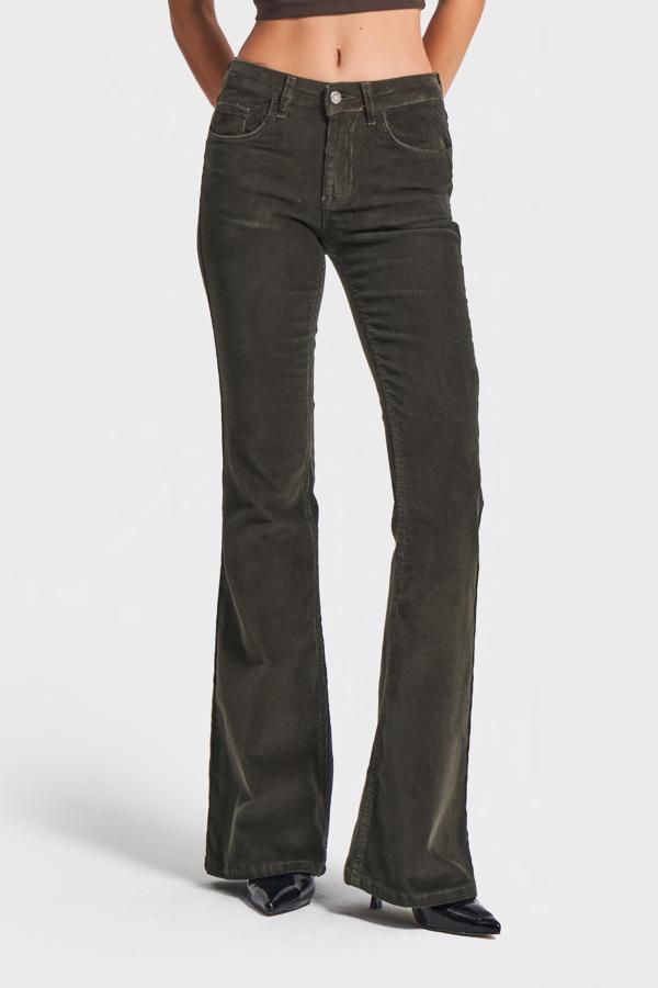 Kadın Haki Renk 26w5-15 Low Waist Flare Fit İnce Fitilli Velvet Kadife Kumaş Pantolon - Image 1