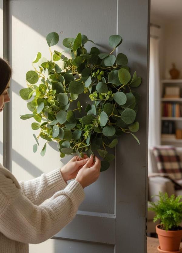 Yapay Çiçek Kapı Süsü Yeşil Okaliptus 50cm Yılbaşı Kapı Çelengi - Image 1