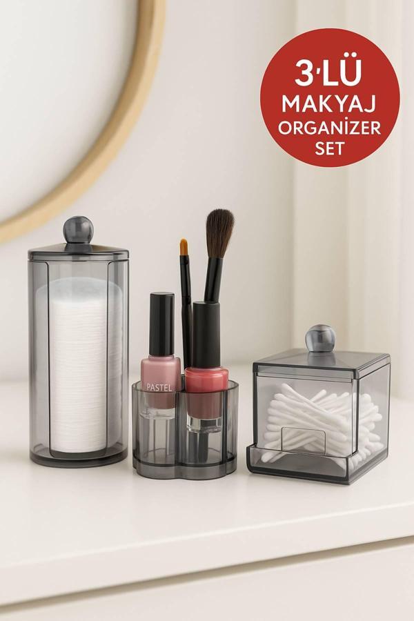 3’lü Şeffaf Akrilik Organizer Seti – Pamuk, Ruj ve Kulak Çubuğu Düzenleme Kutusu - Image 1