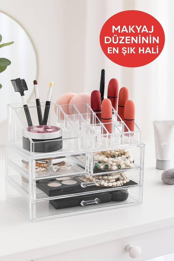 Şeffaf Akrilik Makyaj ve Takı Organizeri – 3 Katlı Çekmeceli Düzenleyici, Kompakt ve Dayanıklı - Image 1