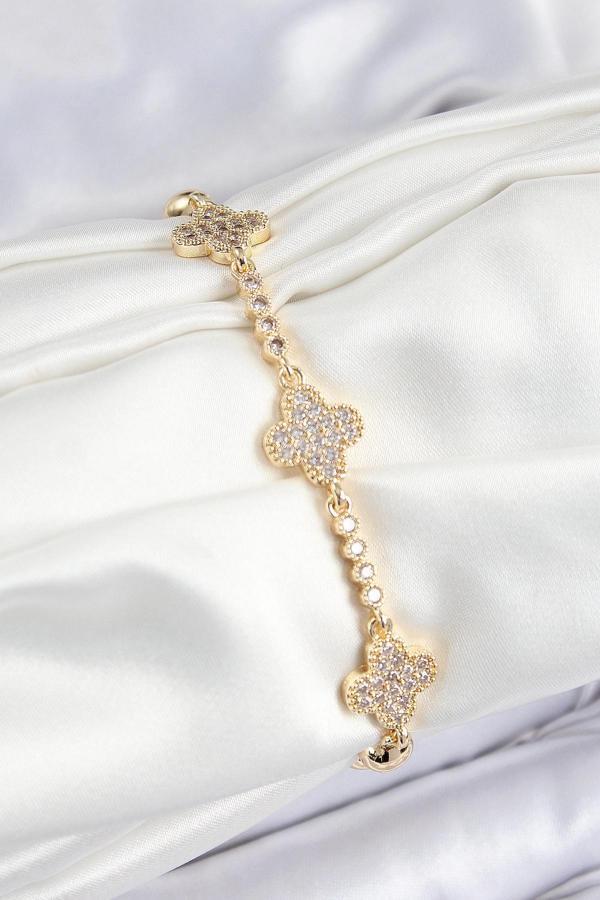 Pirinç Zirkon Taşlı Yonca Model Gold Renk Kadın Bileklik - Image 1