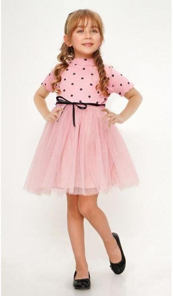 Kısa Kol Kız Puantiyeli Tütülü Günlük Elbise MNK0504 KOYU PEMBE - Image 1