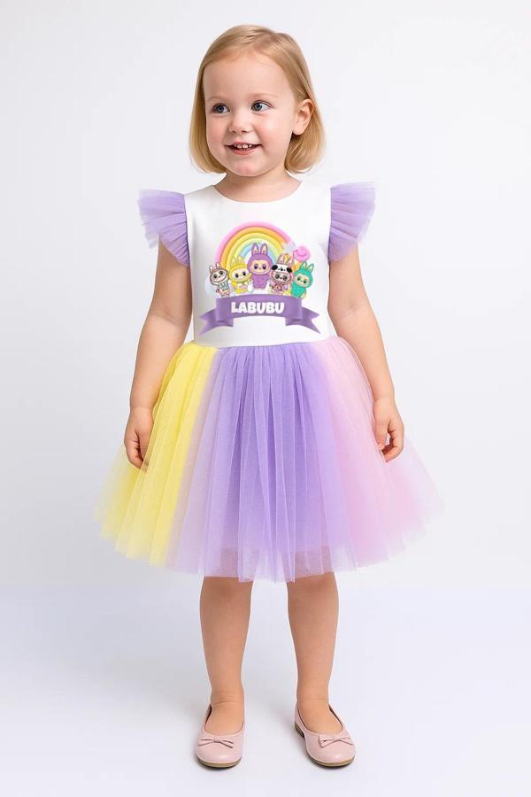Rengarenk Etekli Kız Çocuk Parti Elbisesi LİLA - Image 1