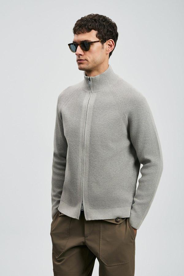 Lufian Pamuk Karışımlı Comfort Fit Çift Taraflı Fermuarlı Triko Erkek Hırka 112100075 VİZON - Image 1