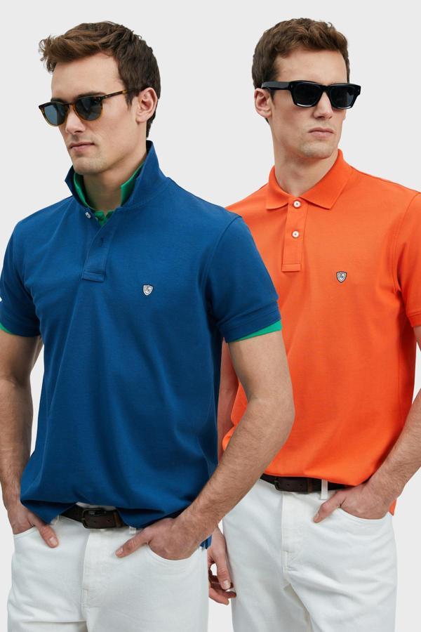 Lufian Logolu Pamuklu Comfort Fit Düğmeli Polo Yaka 2'li Erkek T Shirt 111040206S2 Açık Lacivert-Turuncu - Image 1