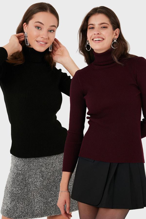 Lela Fitilli Regular Fit Balıkçı Yaka Soft Akrilik 2'li Paket Bayan Kazak 4614102S2 BORDO-SİYAH - Image 1