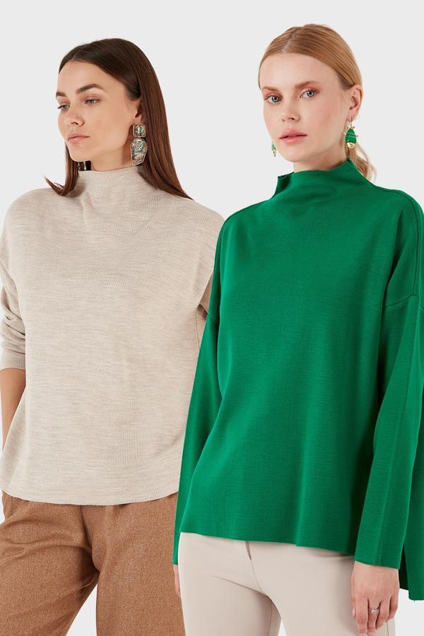 Lela Pamuklu Arkası Uzun Dik Yaka 2'li Paket Triko Bayan Kazak 4615002S2 Bej-Benetton - Image 1