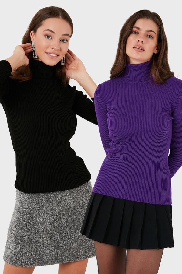 Lela Fitilli Regular Fit Balıkçı Yaka Soft Akrilik 2'li Paket Bayan Kazak 4614102S2 MOR-SİYAH - Image 1