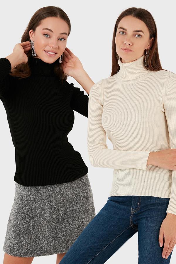 Lela Fitilli Regular Fit Balıkçı Yaka Soft Akrilik 2'li Paket Bayan Kazak 4614102S2 KREM-SİYAH - Image 1