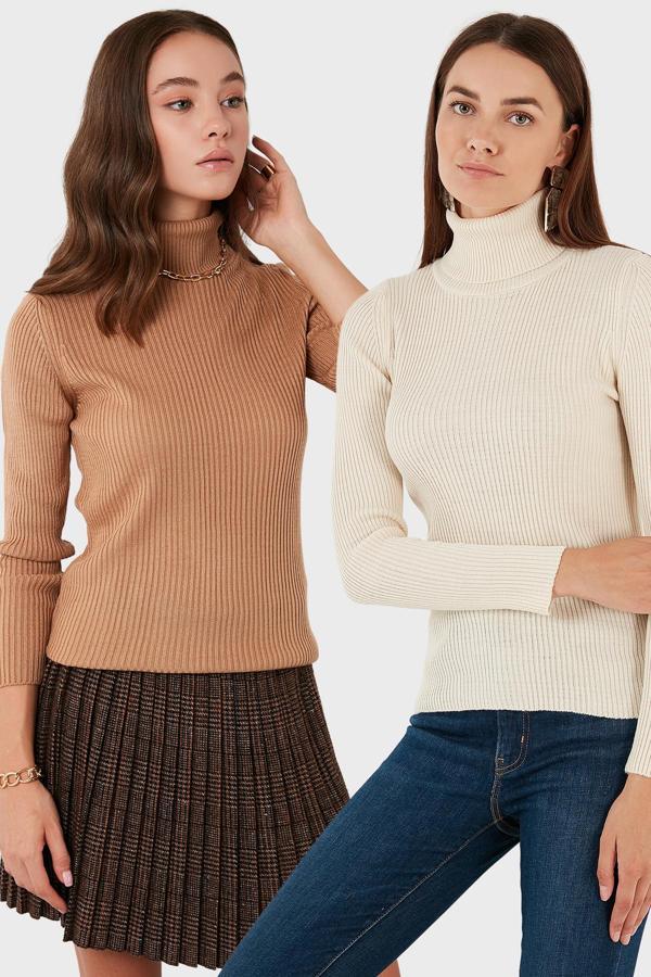 Lela Fitilli Regular Fit Balıkçı Yaka Soft Akrilik 2'li Paket Bayan Kazak 4614102S2 Camel-Krem - Image 1