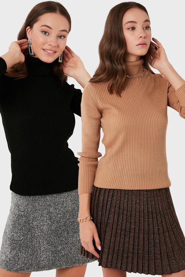 Lela Fitilli Regular Fit Balıkçı Yaka Soft Akrilik 2'li Paket Bayan Kazak 4614102S2 Camel-Siyah - Image 1