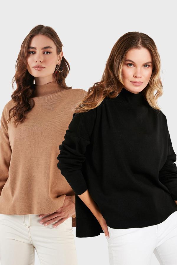 Lela Pamuklu Arkası Uzun Dik Yaka 2'li Paket Triko Bayan Kazak 4615002S2 Camel-Siyah - Image 1