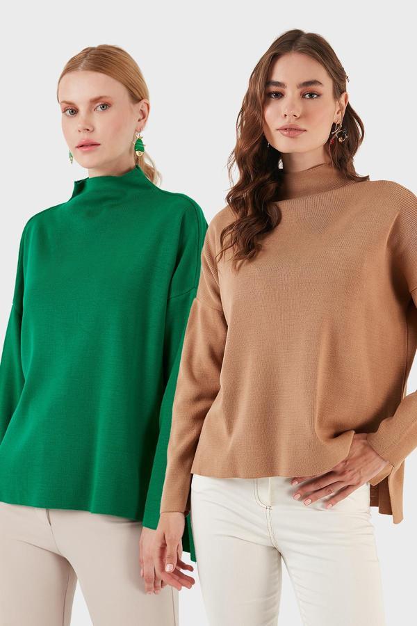 Lela Pamuklu Arkası Uzun Dik Yaka 2'li Paket Triko Bayan Kazak 4615002S2 Benetton-Camel - Image 1