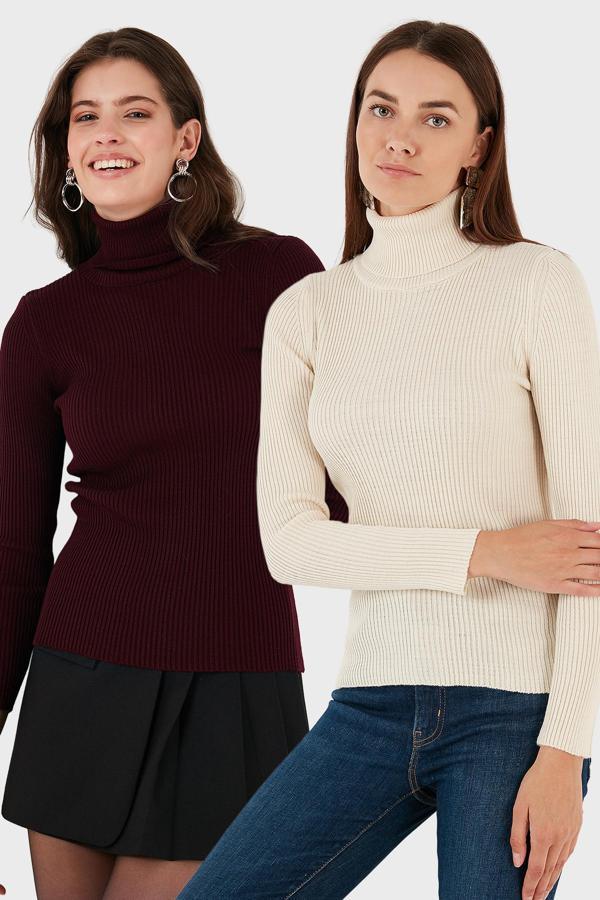 Lela Fitilli Regular Fit Balıkçı Yaka Soft Akrilik 2'li Paket Bayan Kazak 4614102S2 KREM-BORDO - Image 1