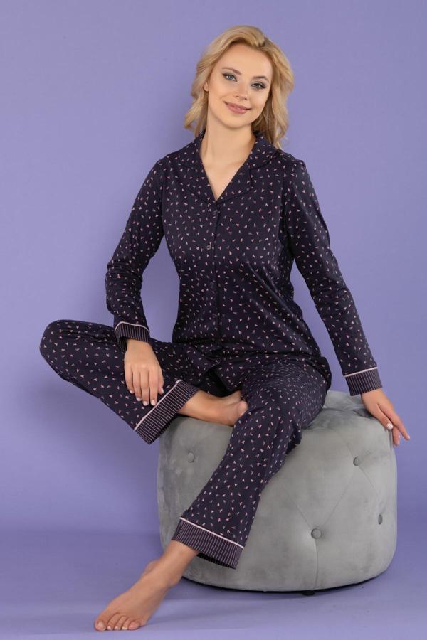 Kadın Pijama Takımı Uzun Kol Penye Önden Düğmeli - Image 1