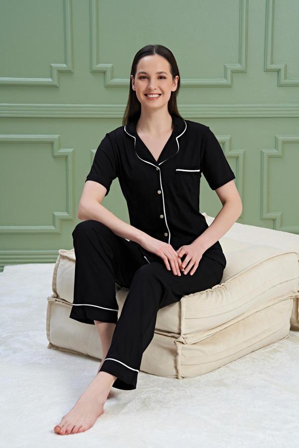 Kadın Pijama Takımı Kısa Kollu Modal Önden Düğmeli Gömlek Yaka - Image 1