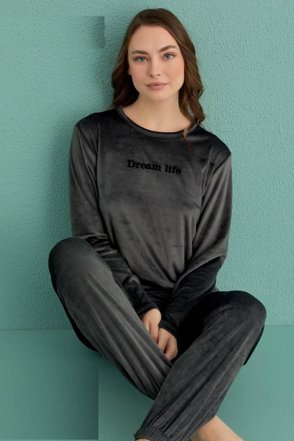 Kadın Pijama Takımı Uzun Kollu Soft Fransız Kadife Kışlık - Image 1