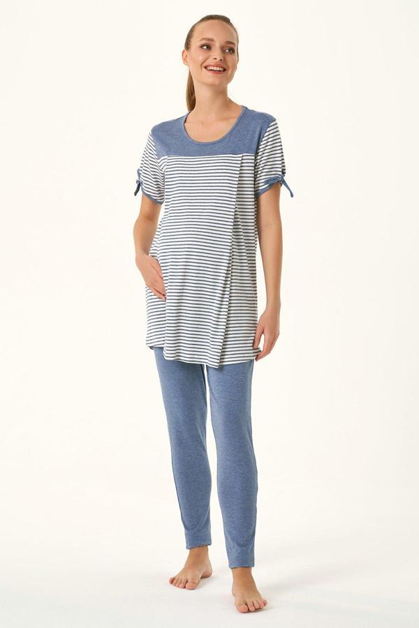 Kadın Hamile & Lohusa Taytlı Çizgili Ikili Takım & Pijama Takımı - Image 1