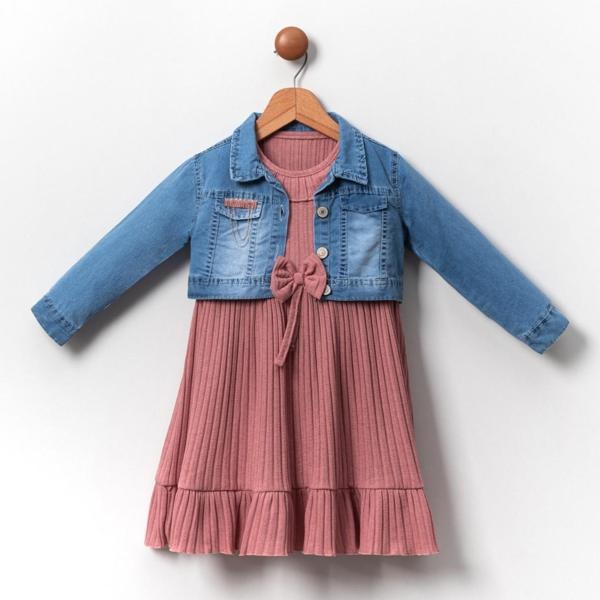 Kot Ceketli Kız Çocuk Elbise MNK2119 GÜL KURUSU - Image 1