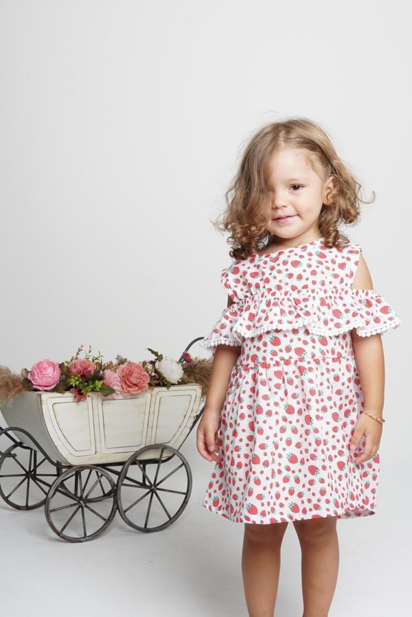 Meyve Baskılı Pamuklu Terikoton Kol Fisto Detay Kız Çocuk Yazlık Elbise MNK0406 KIRMIZI - Image 1