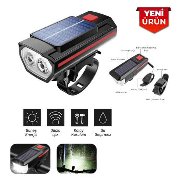 Güneş Enerjili Bisiklet Farı ve Elektronik Kornası 6030 - Image 1