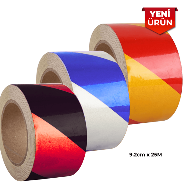 Reflektif Fosforlu Çapraz Şerit Bant, Çift Renk Reflekte İkaz Bandı 9.2cm x 25M - Image 1