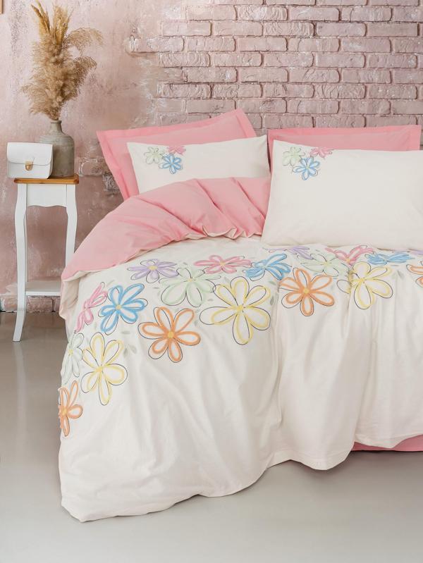 Cotton Box Puff Nakışlı Çift Kişilik Nevresim Takımı Bellis Pembe - Image 1