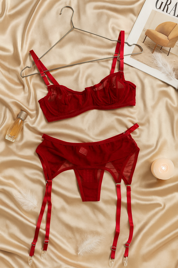 Kırmızı Şeffaf Jartiyerli Sütyen Külot Takımı - Image 1