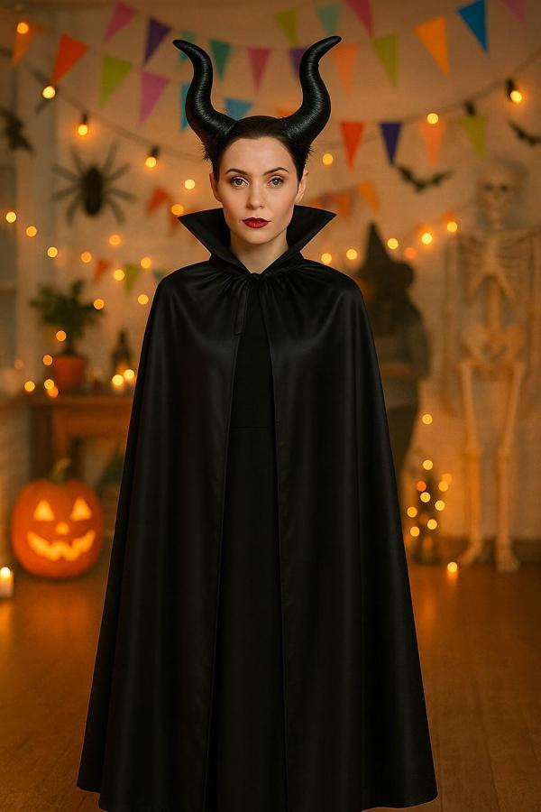 Cadılar Bayramı Malefis Maleficent Boynuzlu Taç 120 Cm Yakalı Pelerin Halloween Kostüm Seti - Image 1