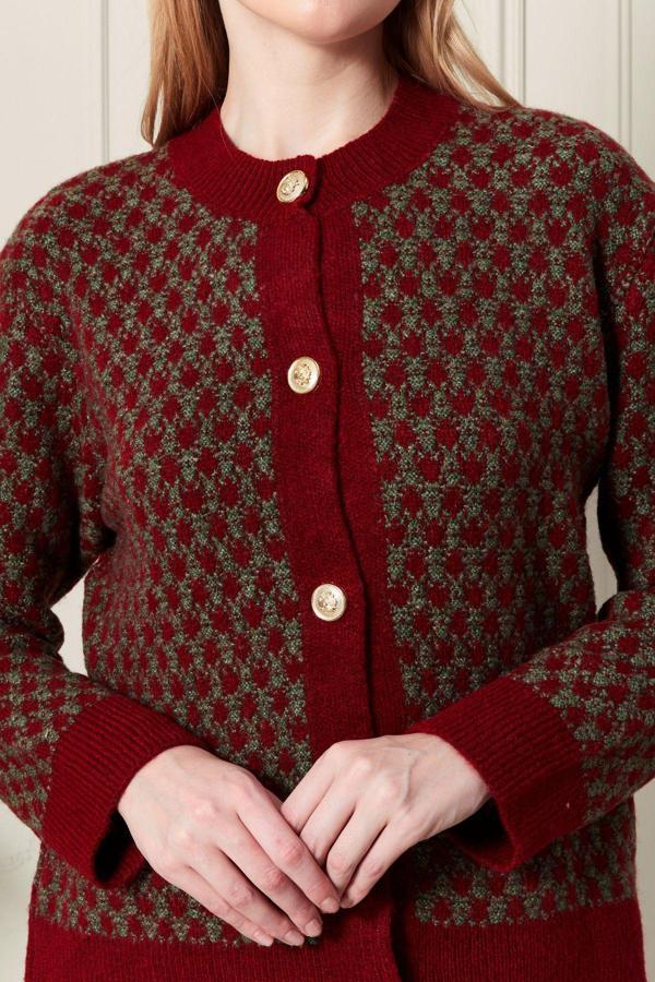 Kadın Bordo Haki Bisiklet Yaka Gold Düğme Detaylı Desenli Triko Hırka - Image 1