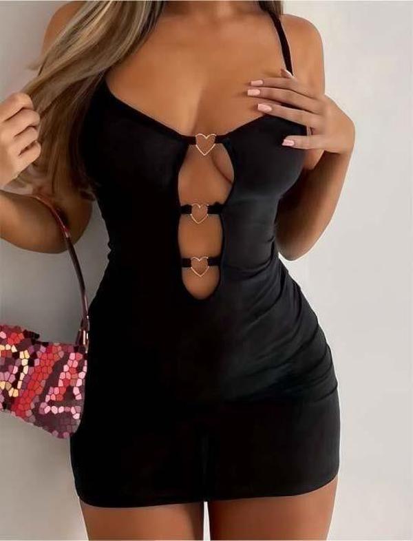 Siyah Göğüs Dekolteli Kalp Detaylı Mini Club Elbisesi - Image 1