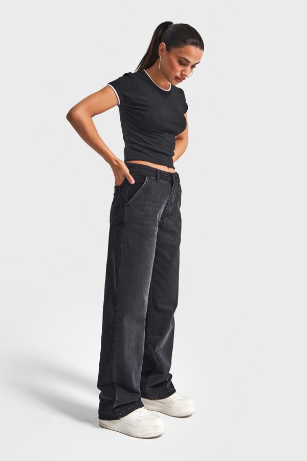 Kadın Taşlanmış Siyah Renk 2w5-1 Loose Fit Kadife Denim Parçalı Tasarım Denim Jean - Image 1