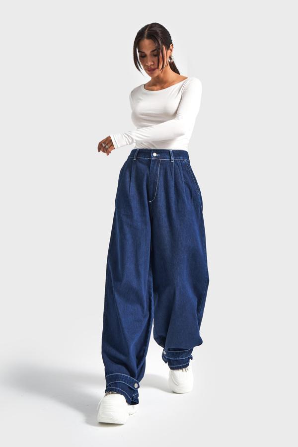 Kadın İndigo Renk 8w5-7 Yüksek Bel Wide Leg Bol Kesim Paça Detaylı Tasarım Denim Jean - Image 1