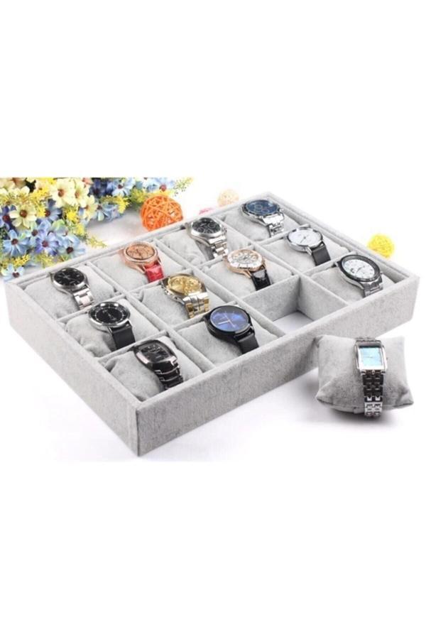 Süet Kumaş Gri Renk 12 Bölmeli Yastıklı Saat Bileklik Çekmece Ici Stand - Image 1