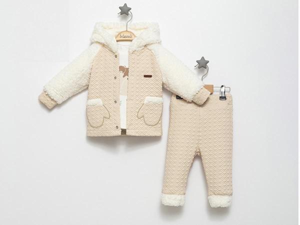 KAPÜŞONLU EL CEPLİ KAPİTONE VE PELUŞLU ÜÇLÜ ALT ÜST TAKIM - Bej - 18 - 24 Ay - BBZ866-Bej-18 - 24 Ay Bej - Image 1