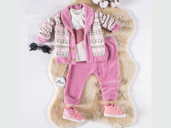 GEYİK BASKILI ÜÇLÜ KADİFE ALT ÜST TAKIM  - PKL1211-Fuşya-18 - 24 Ay Fuşya - Image 1