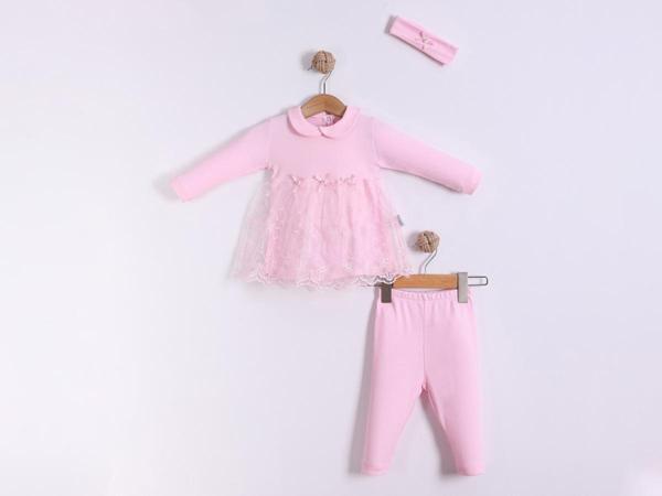BANDANALI TÜLLÜ BEBE YAKA PENYE ALT ÜST TAKIM  - Pembe - 9 Ay - FND41149-Pembe-9 Ay Pembe - Image 1