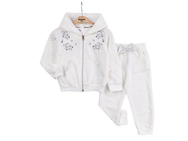 KAPÜŞONLU ÇİÇEK NAKIŞLI İKİ İPLİK ALT ÜST TAKIM - DNN40672-Ekru-3 Yaş Ekru - Image 1