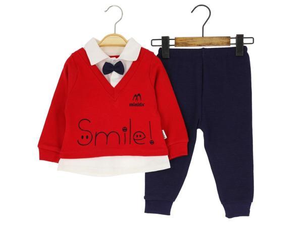 PAPYONLU SMILE BASKILI İKİ İPLİK ALT ÜST TAKIM  - MTX24345-Kırmızı-12 Ay KIRMIZI - Image 1
