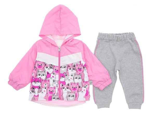 KAPÜŞONLU KEDİLİ YAĞMURLUKLU İKİ İPLİK ÜÇLÜ ALT ÜST TAKIM - BRA50532-Pembe-18 - 24 Ay Pembe - Image 1