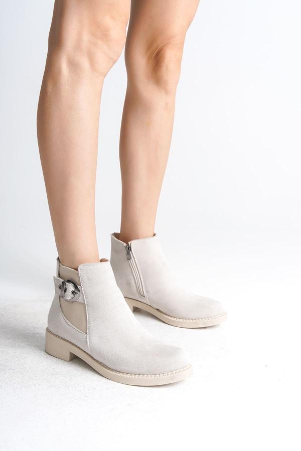 LUNA Fermuarlı Lastikli Ortopedik Taban Topuklu Süet Kadın Bot SKT - Krem - Image 1