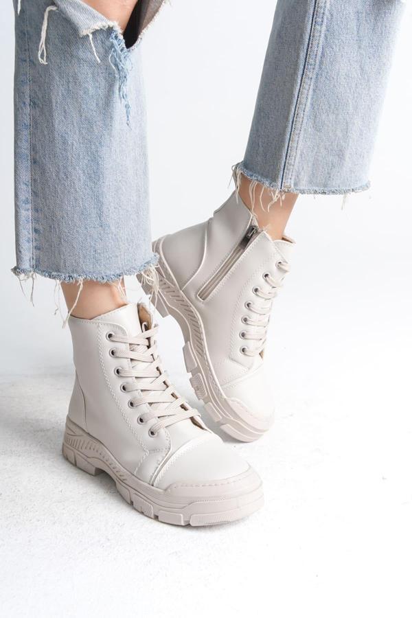 BLOOM Bağcıklı Fermuarlı Ortopedik Taban Kadın Bot  CKT - Krem - Image 1