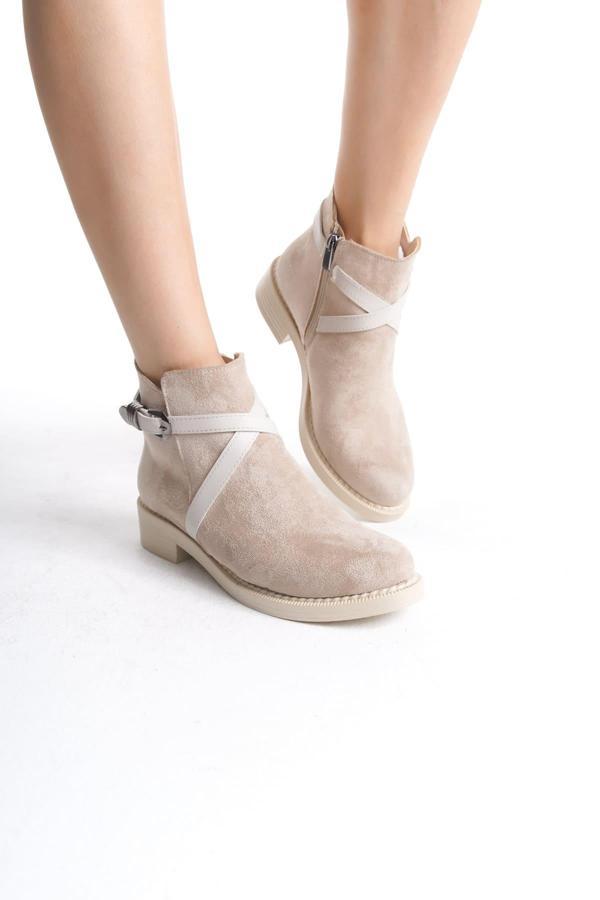 ALMILA Fermuarlı Lastikli Ortopedik Taban Topuklu Süet Kadın Bot  STT - Ten - Image 1