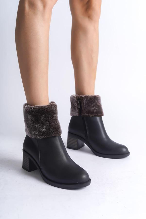 KATYA Fermuarlı Ortopedik Taban Topuklu Kürk DetaylıKadın Bot  CST - Siyah - Image 1