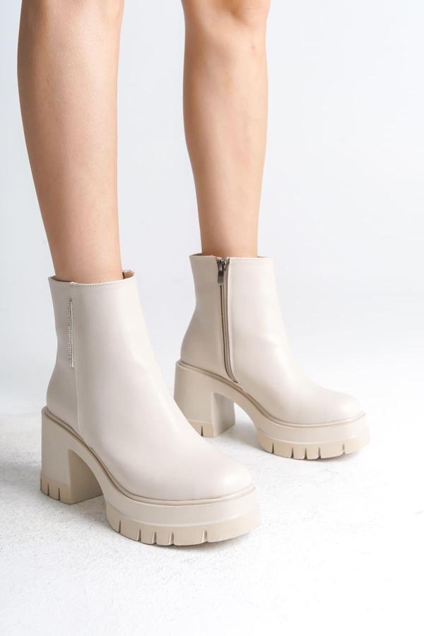LISSE Fermuarlı Ortopedik Taban Kalın Topuklu Kadın Bot CKT - Krem - Image 1
