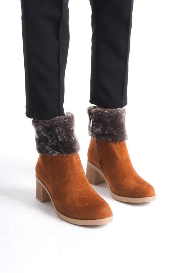 KATYA Fermuarlı Ortopedik Taban Topuklu Kürk Detaylı Süet Kadın Bot  STT - Taba - Image 1