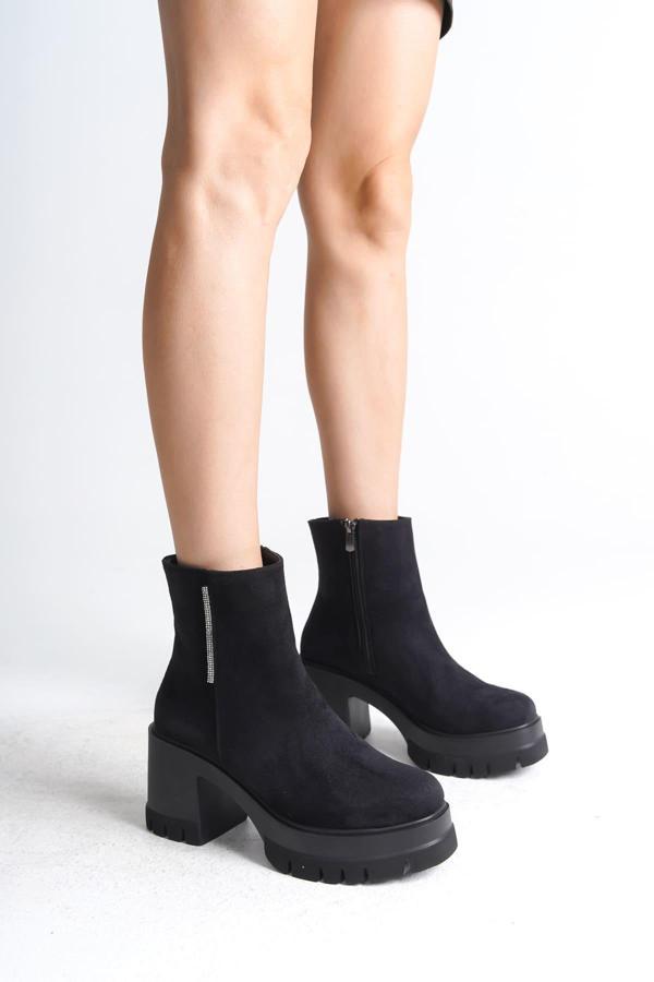 LISSE Fermuarlı Ortopedik Taban Kalın Topuklu Süet Kadın Bot SST - Siyah - Image 1
