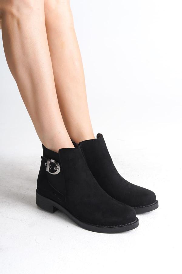 LUNA Fermuarlı Lastikli Ortopedik Taban Topuklu Süet Kadın Bot  SST - Siyah - Image 1