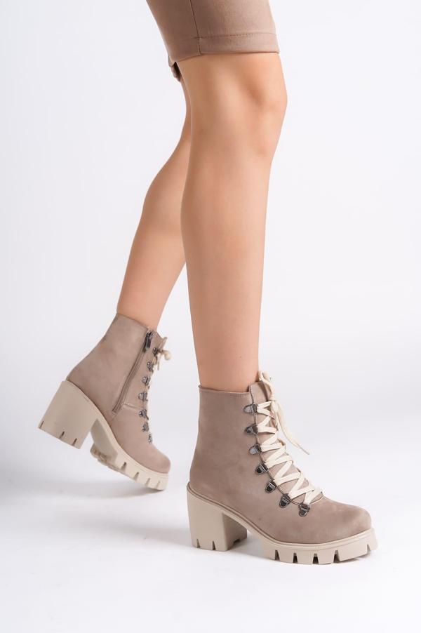 EMMA Bağcıklı Fermuarlı Ortopedik Taban Topuklu Süet Kadın Bot  STT - Ten - Image 1