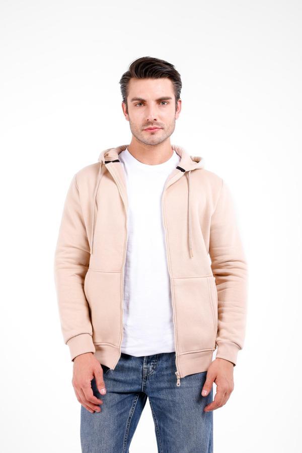 NİX 3 İplik Şardonlu Fermuarlı Kapüşonlu Sweat - Bej - Image 1